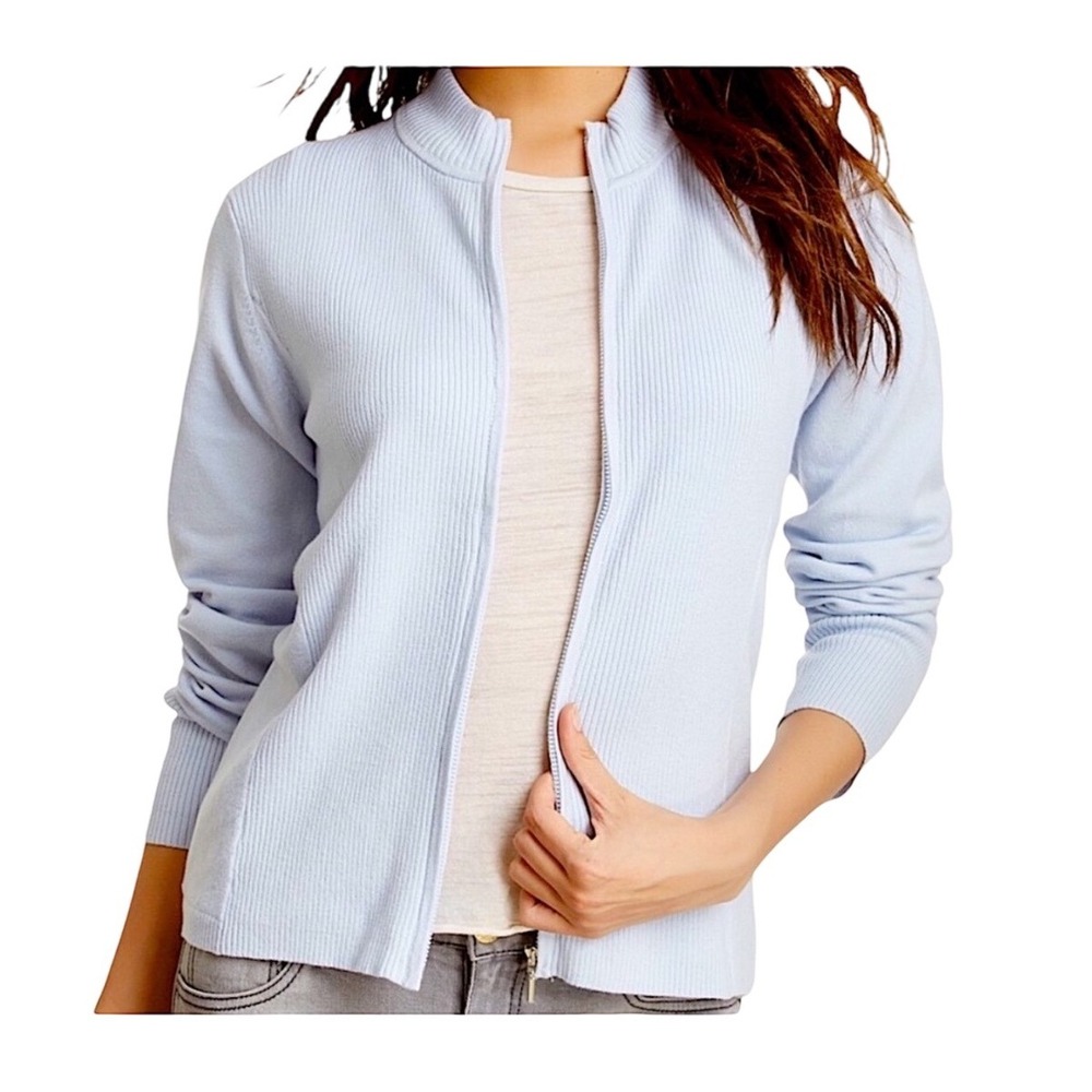 Shu Shu Anthropologie Blue Zip Up Cardigan Sweater Ribbed Knit Long Sleeve Large